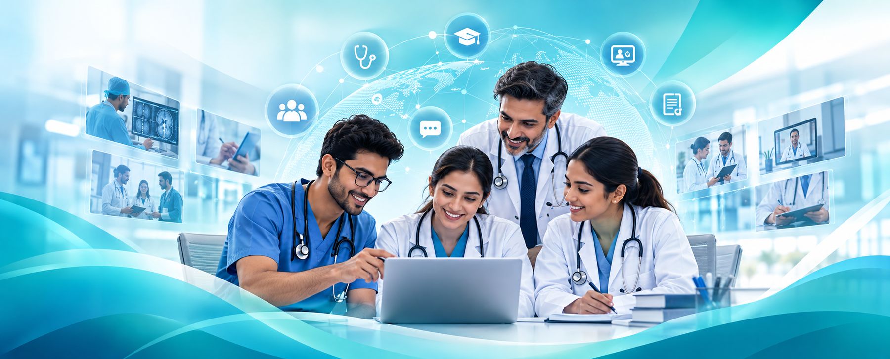 Doctors and medical students collaborating around a laptop, connected through the MedSocio community